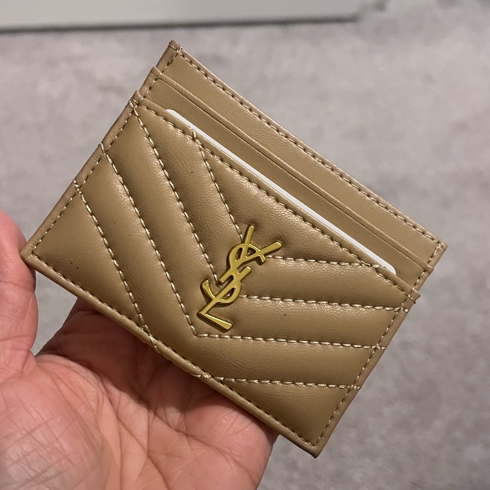Quilted Card Holder in Tan with Gold Logo